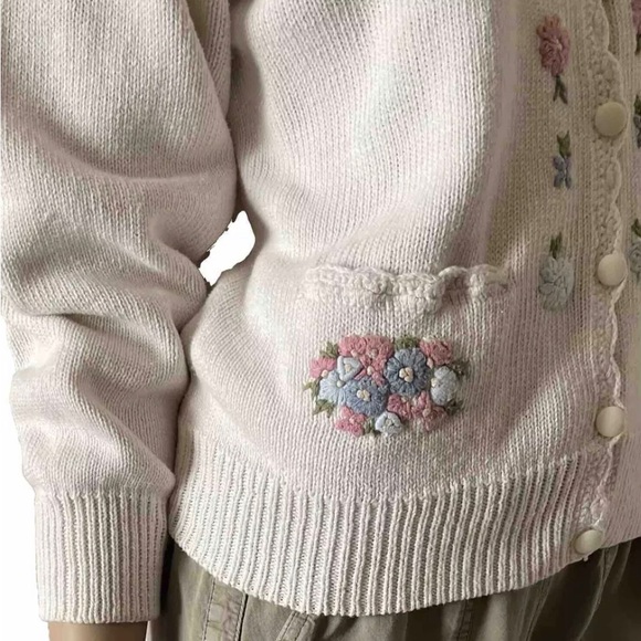 Vintage Sweater Floral Embroidered Button Up Cardigan Huntington Ridge Ramie - Picture 7 of 10